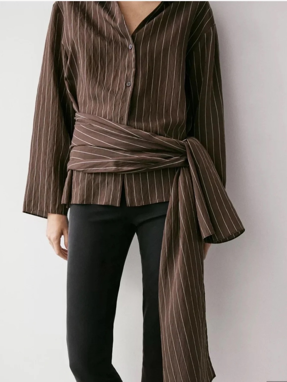 Massimo Dutti NWT Brown Pinstripe Wrap-Accent Shirt Blouse Small 5131/531 - Picture 2 of 10